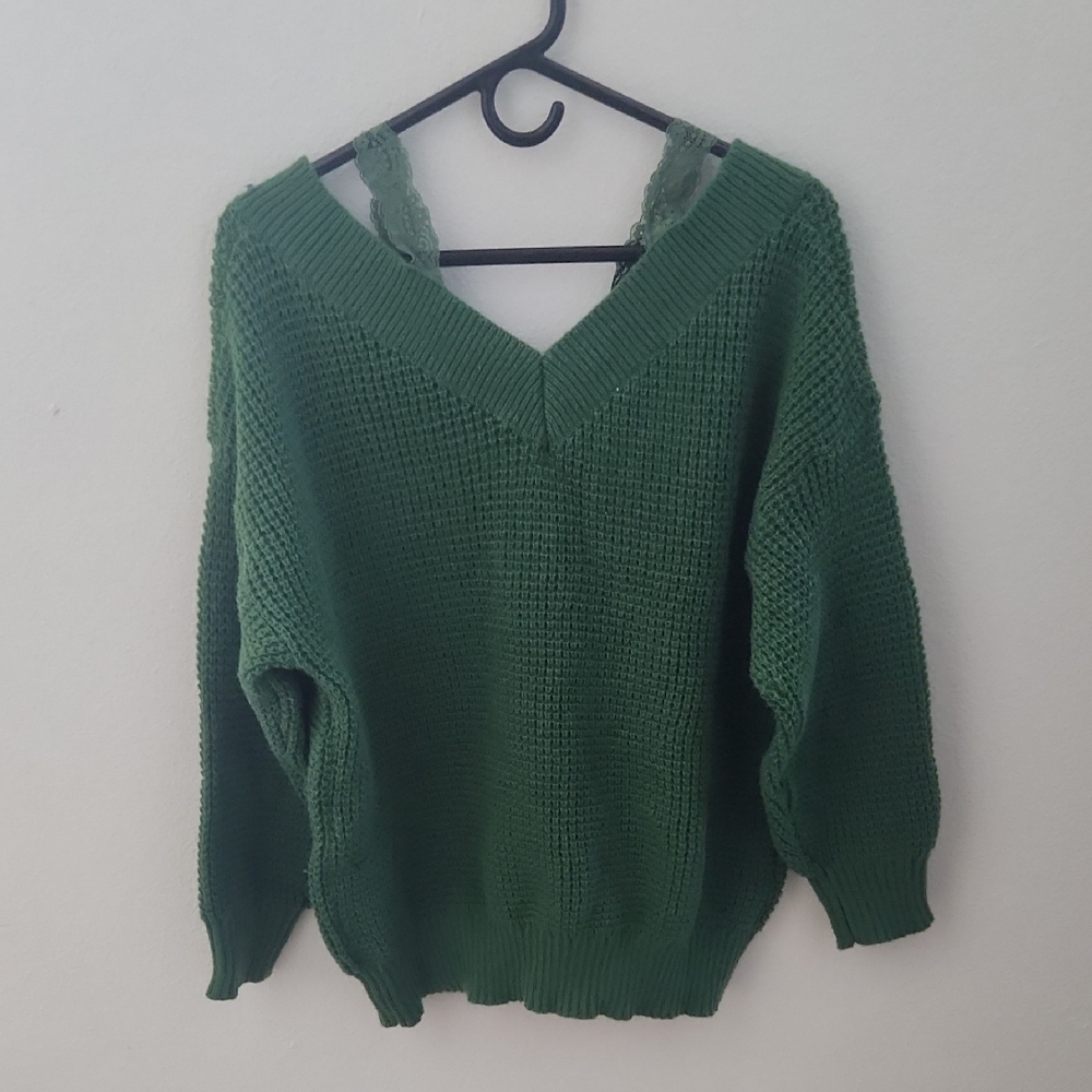 Green V-Neck Women's Knit Sweater